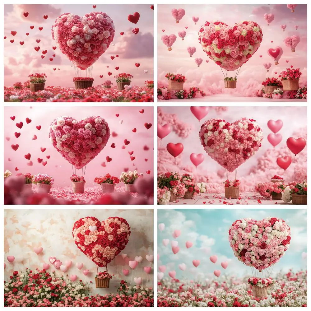 Romantic Valentines Day Backdrop for Photography Love Heart Rose Flowers Hot Air Balloons Sweet Couple Wedding Photo Background