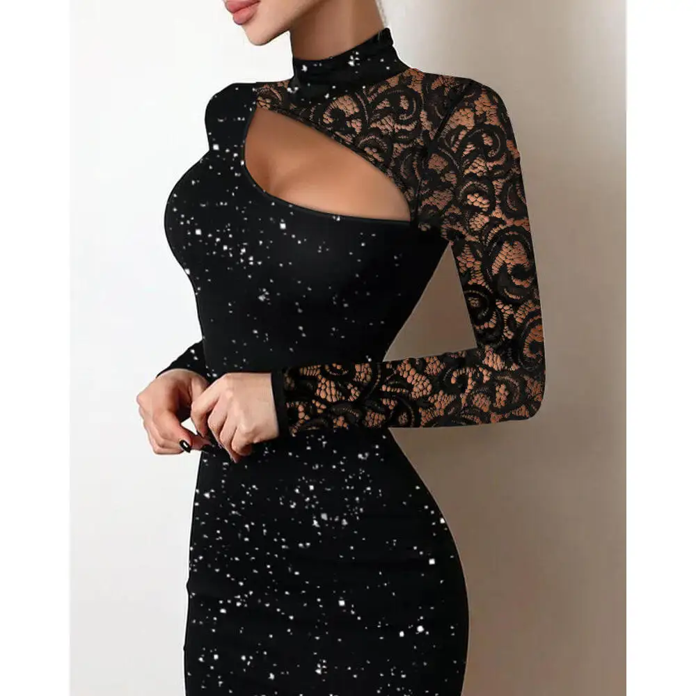 Faionable Lace Hollow out Dr Sparkling Highlight Strickstoff Slim Fit, figurbetonter Rock Frühlingsaison Damen Dr