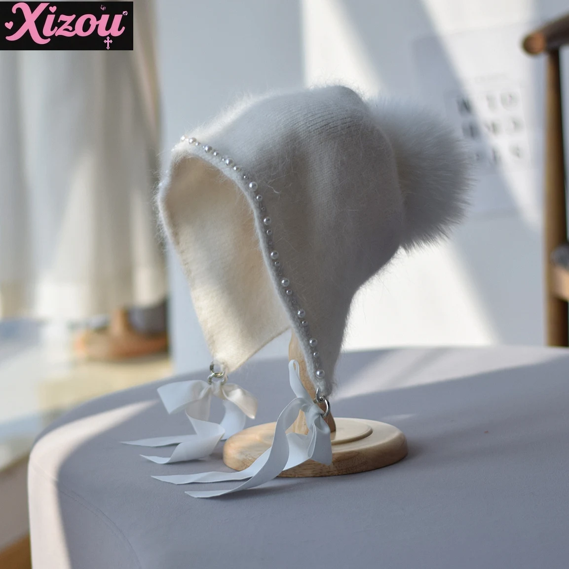Japanese lolita elegant pearl bow princess hat women's winter ear protection warm headgear cute versatile rabbit fur knitted hat