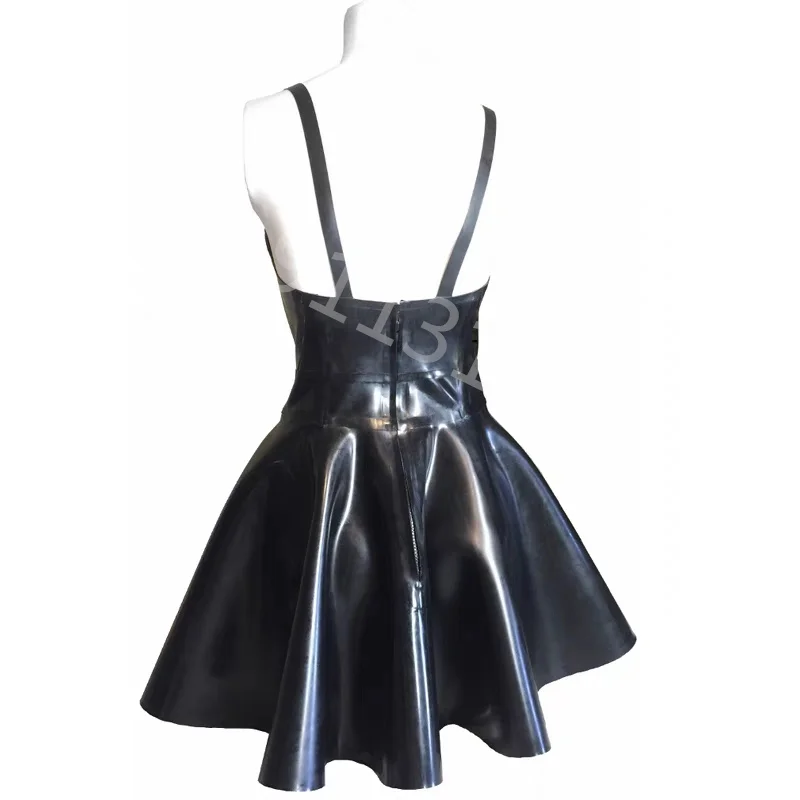 Woman Latex Bodycon Dress Exotic Dancewear Hot Mini Dress Clubwear Sexy Fetish Rubber Pleated Braces Open Back Skirt