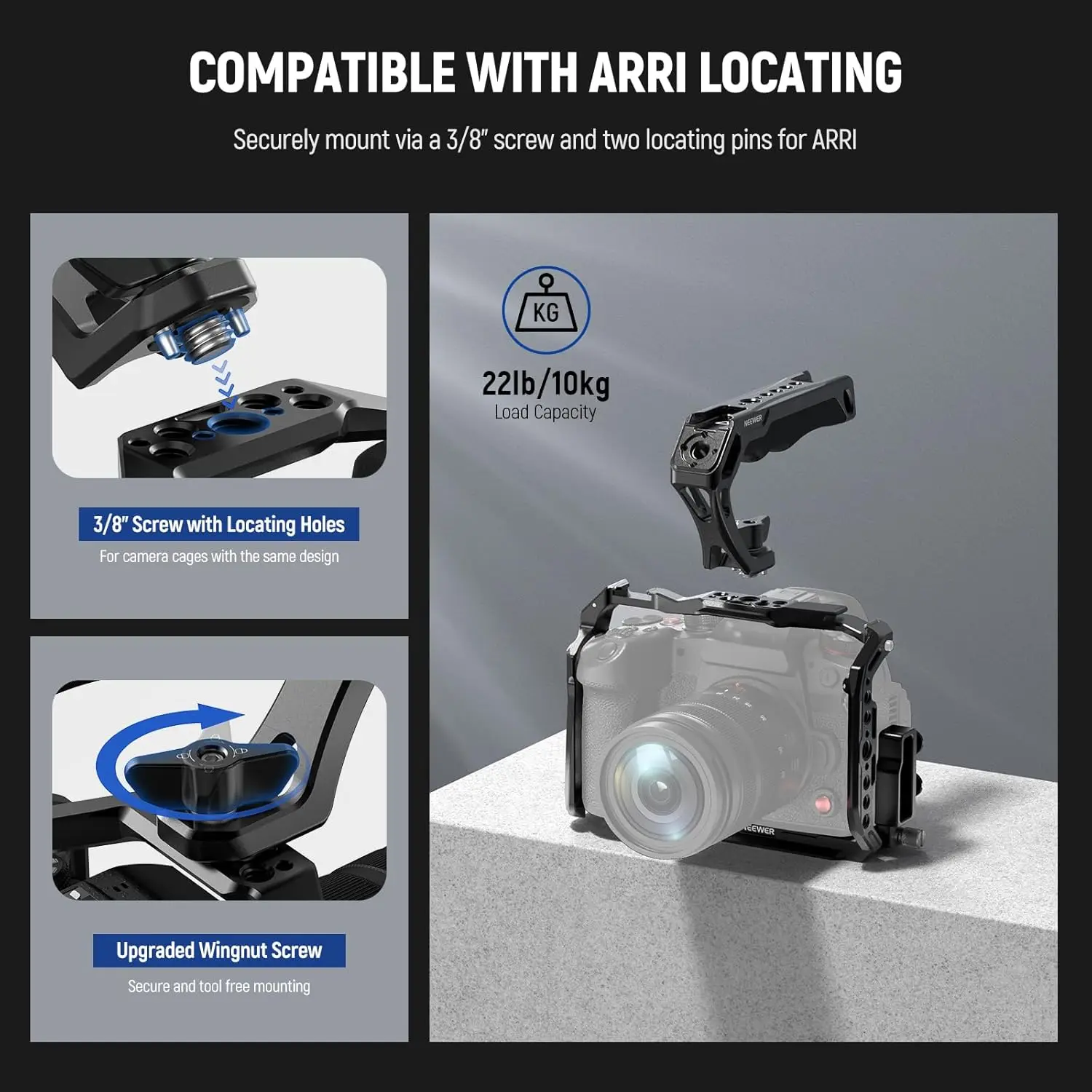 NEEWER Kamera-Griff oben mit 3/8-Zoll-Flügelschraube und Positionierungsstiften mit 1/4 Zoll und 3/8 Zoll Gewinde, kalte Schuhe für ARRI, rutschfester Silikongriff – Detail 2