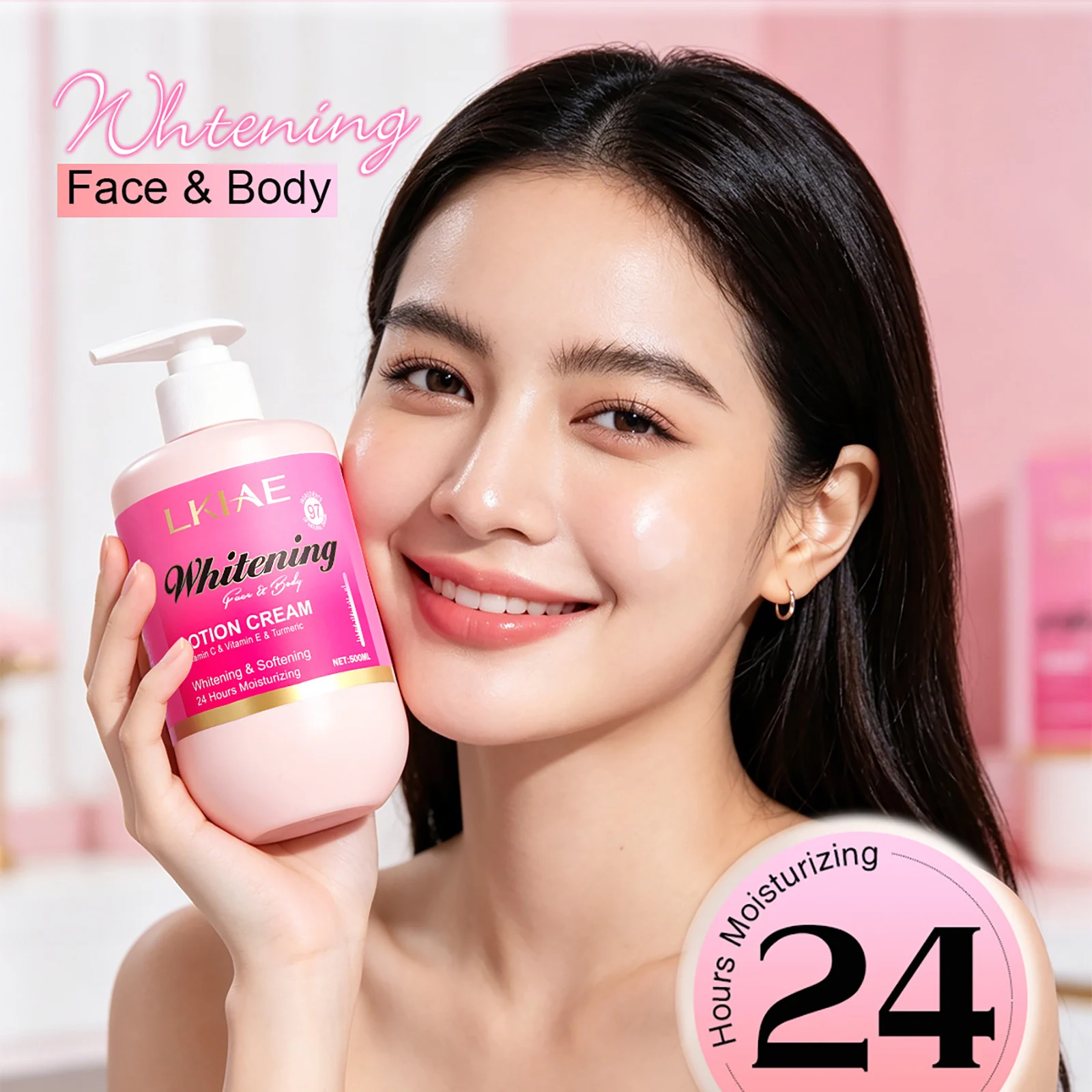 LKIAE Whtening Face Body Lotion Cream, Hydrating, Smooth Skin, With Lemon, Vitamin C, Turmeric, Fast Absorb, Non-Greasy, 500ml