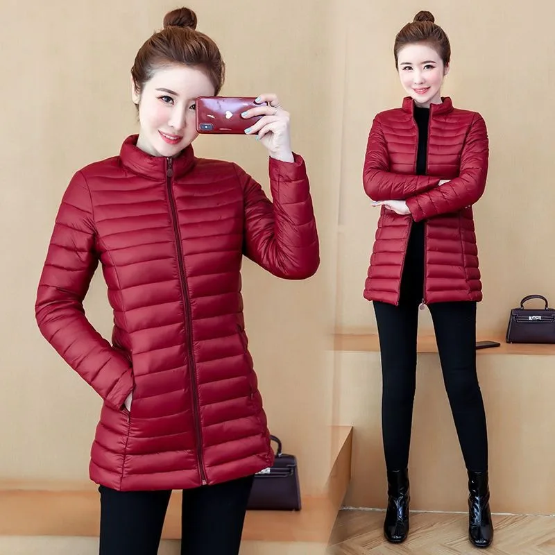 

Thin Down Cotton Jacket Women Mid-length Cotton Jacket Korean Style Slim Autumn Winter