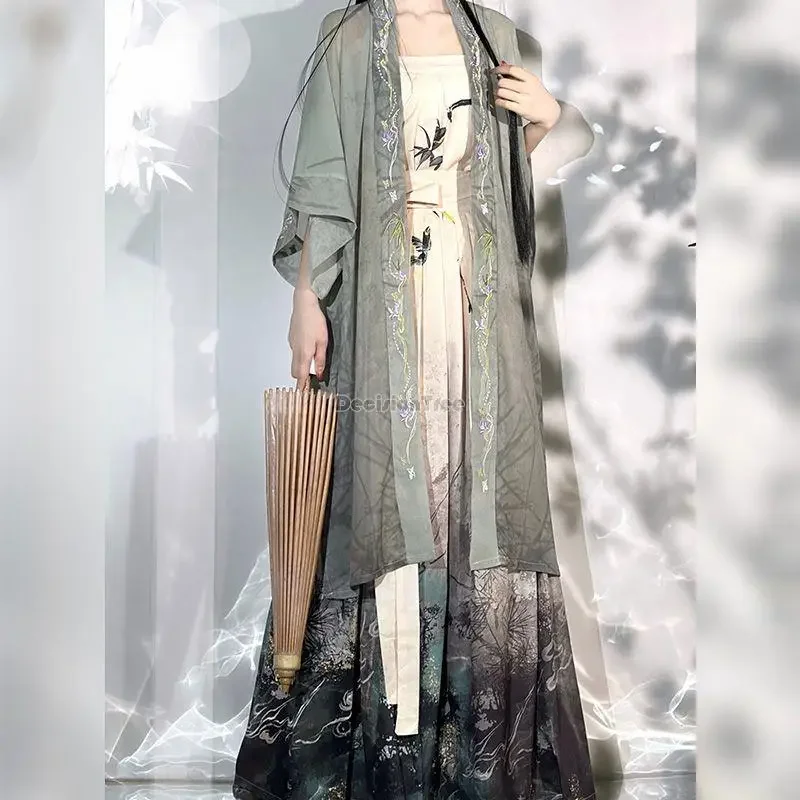 2023 cinese song dynasty hanfu femminile mezza manica vita gonna a pieghe quotidiana primavera estate stampata retro hanfu 3 pezzi set s656