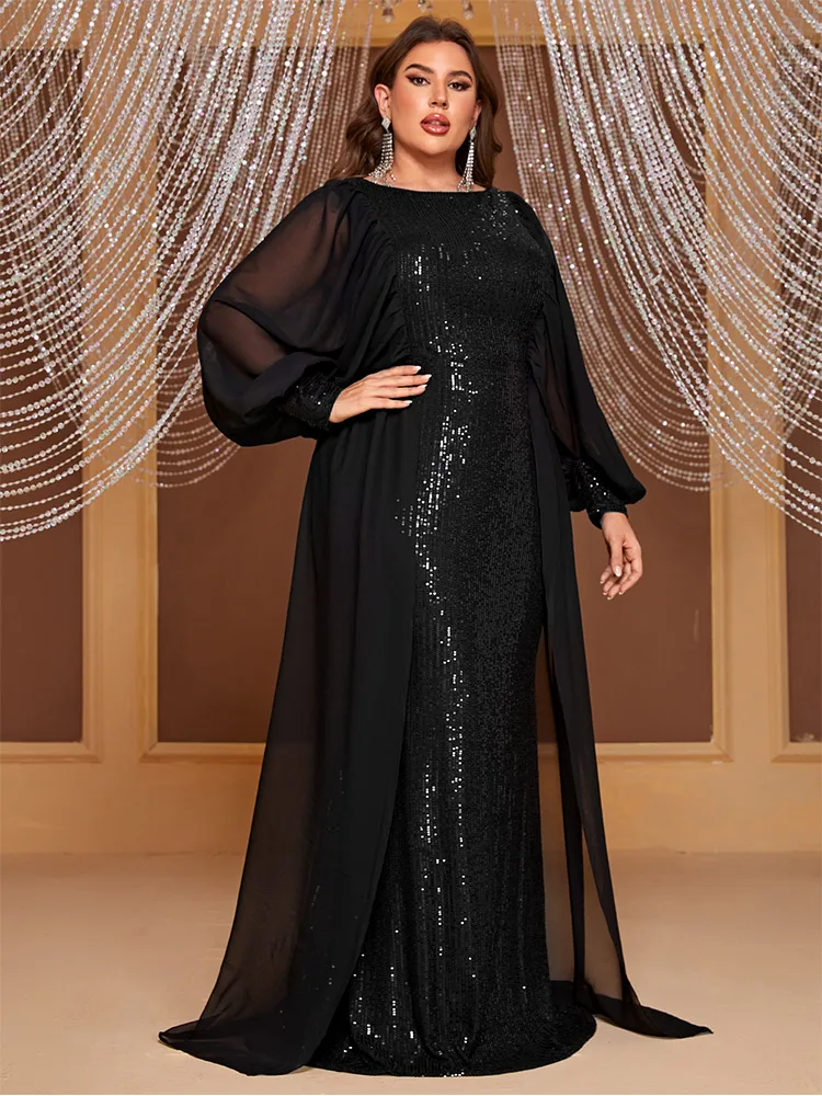 Plus size round neck long sleeve chiffon floor-length shiny evening dress 4XL 5XL Big Size black luxury floor-standing Women