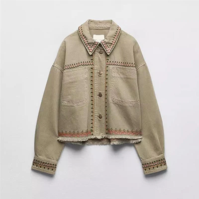 가을 신상 다용도 프레이드 자수 장식 고급 셔츠 재킷 루즈핏 데님 원단 긴팔 폴로 칼라