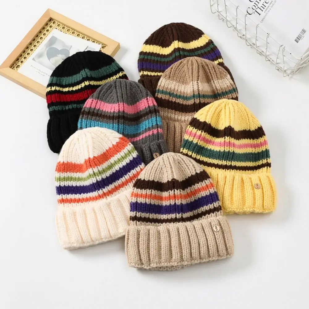 Vintage Striped Knitted Hat Trendy Breathable Casual Wool Hat Coldproof Korean Style Winter Pullover Hat Apparel Accessories