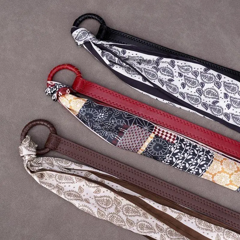 

Punk Bandana Silk Scarf Leather Belt For Denim Jeans Woman Vintage Red Black Khaki Hip Hop Thin Belt Decorative Waist Belt