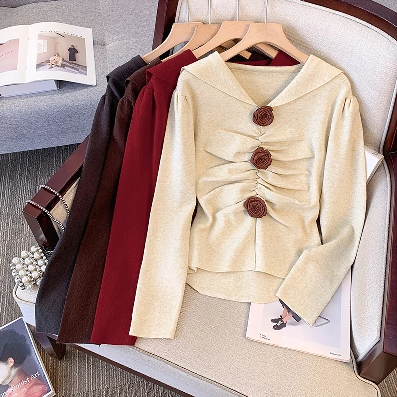 

French High end 3D Rose Fold V-neck Knitted Shirt for Women Autumn New Chic Slimming Long Sleeved Pullovers Women Clothing