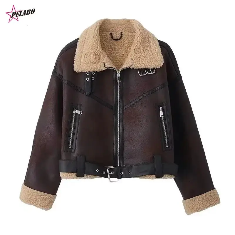 PULABO Autumn Women Fashion Thick Warm Faux Shearling Jacket Coat Vintage Long Sleeve Belt Hem Female Outerwear Chic Tops