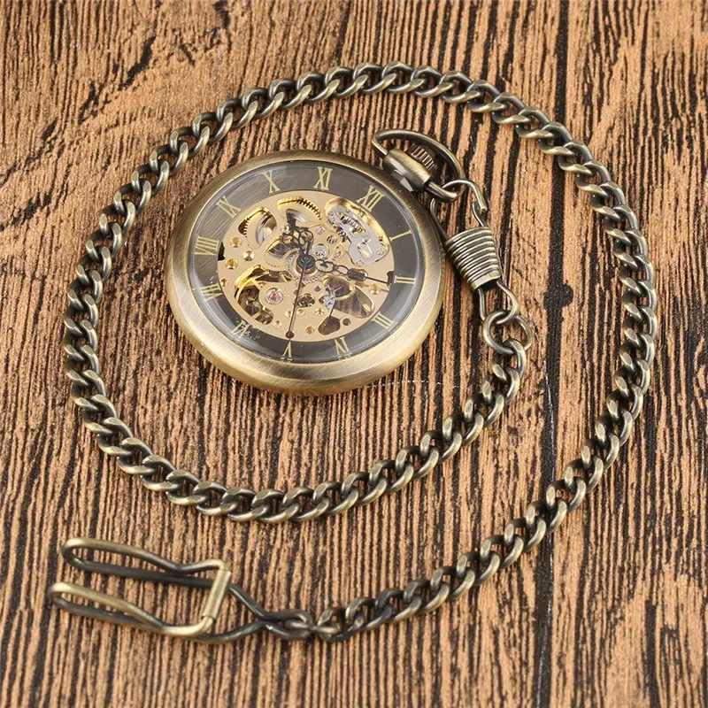 Bronze Antique Style Men Women Mechanical Hand Winding Skeleton Pocket Watch Roman Number Fob Chain Clock Relogio De Bolso