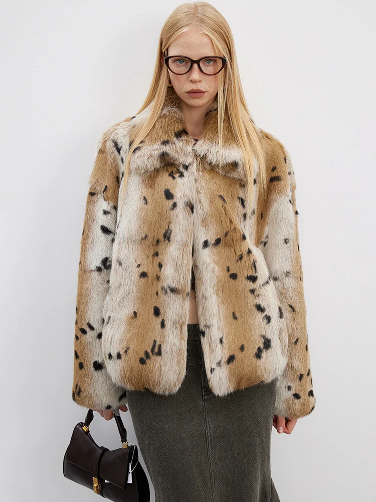 

Классическая ретро-пальто из кроличьего меха с леопардовым принтом, женская верхняя одежда с воротником на осень и зиму, новинка, свободная посадка, длинный све