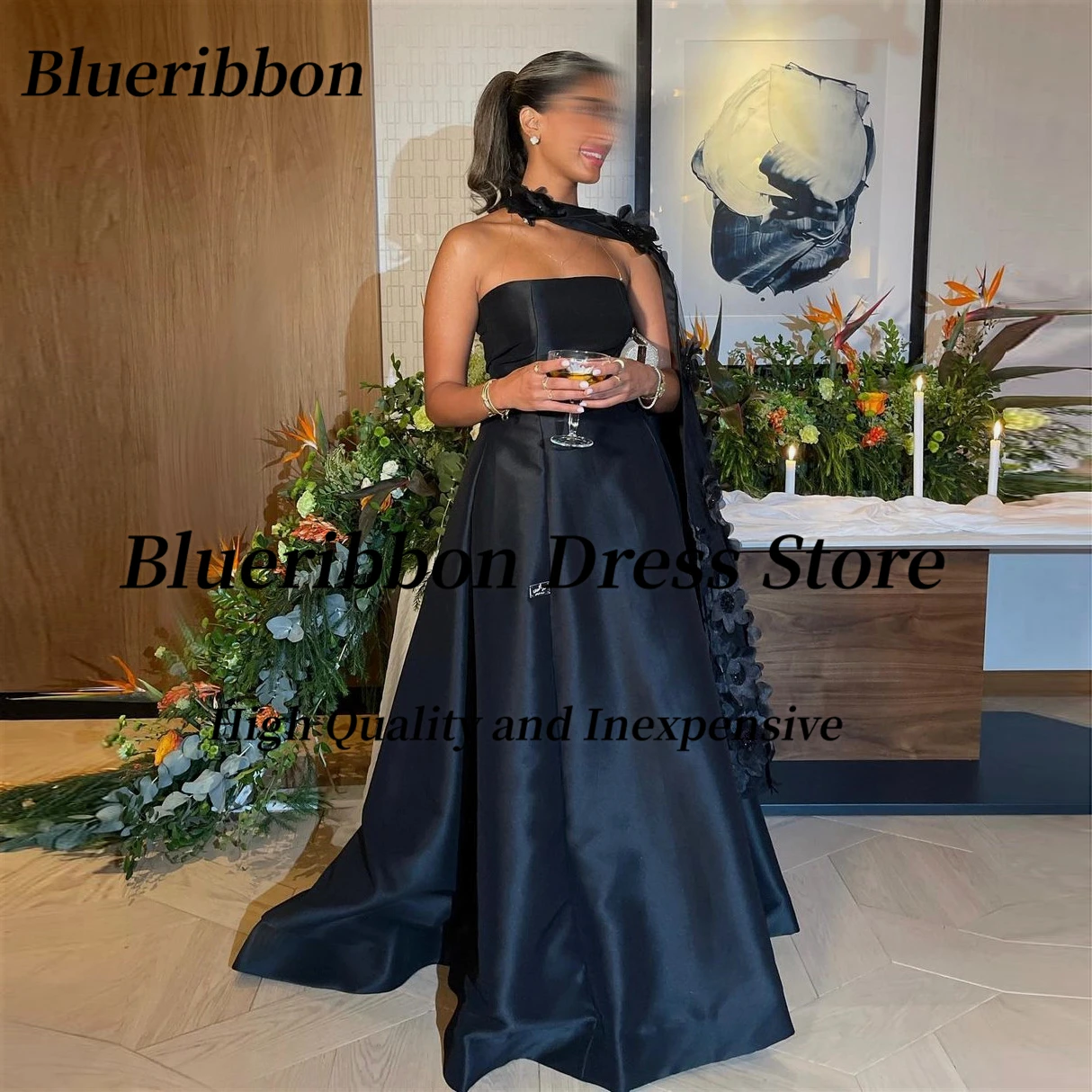 Blueribbon Women's Evening Dress Strapless Zipper Back Prom Dresses with Handmade Flowers Wraps Formal Occasion Party Gowns