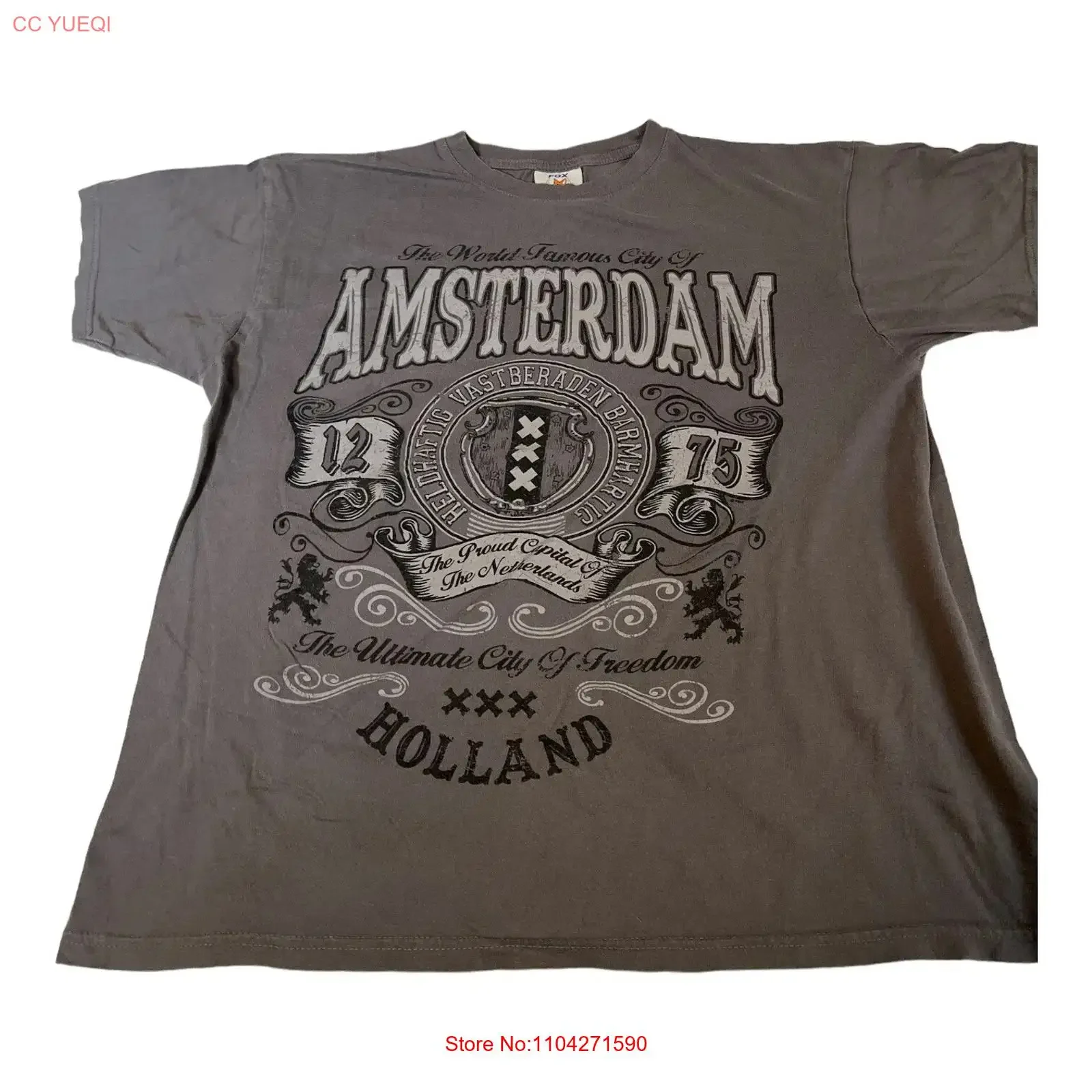 Fox T Shirt Adult Medium Grey Amsterdam Holland Netherlands Capital vintage Washed Versatile streetwear Stylish Casual