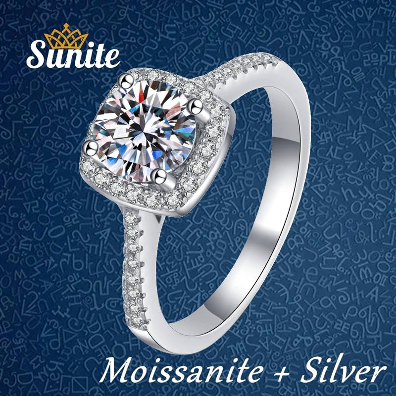 Sunite 1.0--3.0ct Moissanite Diamond Square Ring for Women 925 Sterling Silver Engagement Band Fine Jewelry Anillos Forever Love