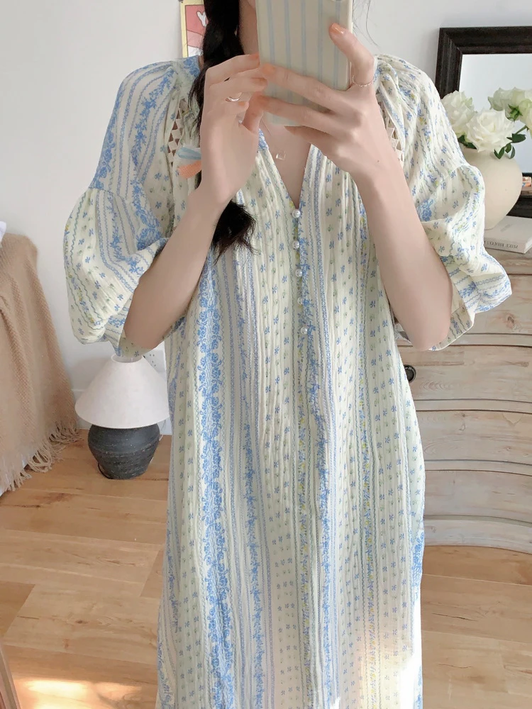 

Korean Sle INS Striped Floral Pure Cotton Gauze Sp Dr Women's Summer Double Layered V-ne ort Sve Home Wear