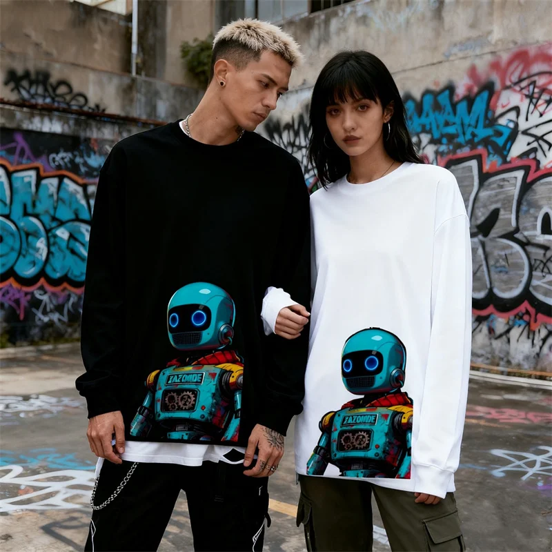 ZAZOMDE Korean Mens Machine Pattern Long Sleeve T-Shirt Pure Cotton Material Graphic Print Comfortable Loose Fit Streetwear