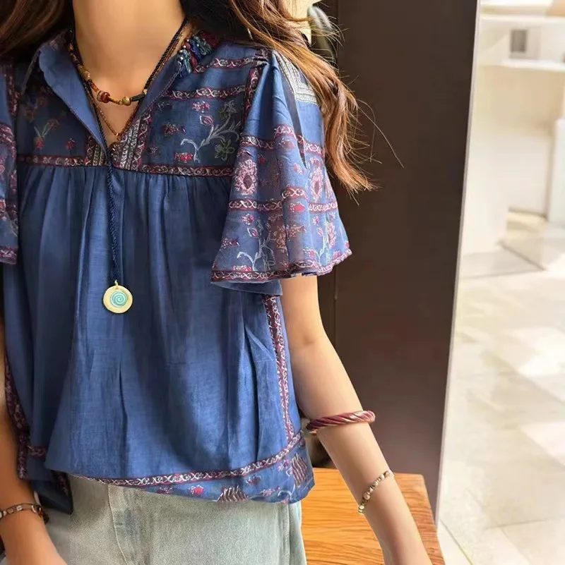 

Sezanes 2025 fashion T-shirt new retro light luxury tassel V-neck color collision printing ruffle sleeve thin tops