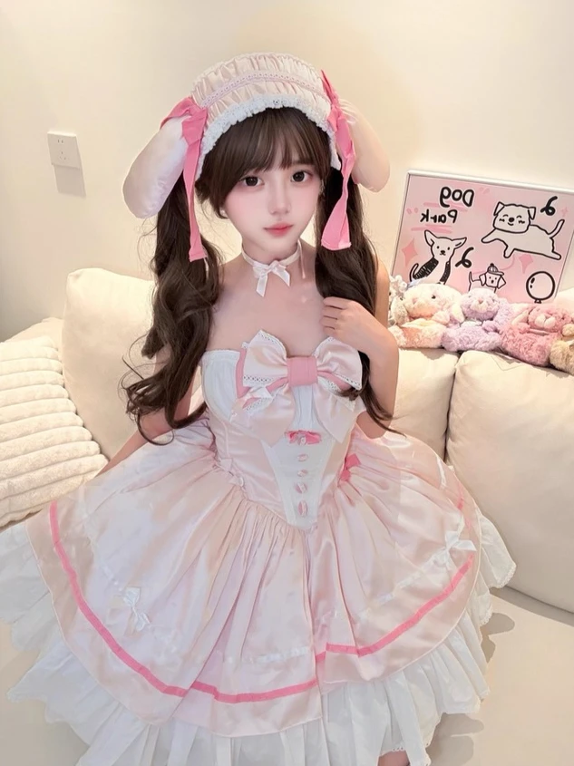 

Elegant Sweet Lolita Princess Dress Birthday Party Gown Bowknot Strapless High Waist Slim Fit Multi-layer Puffy Dress for Women