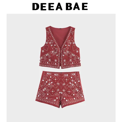 DEEABAE 2025 NOVEDAD DE VERANO ropa de mujer temperamento efecto espejo decoración chaleco bordado conjunto de pantalones cortos casuales