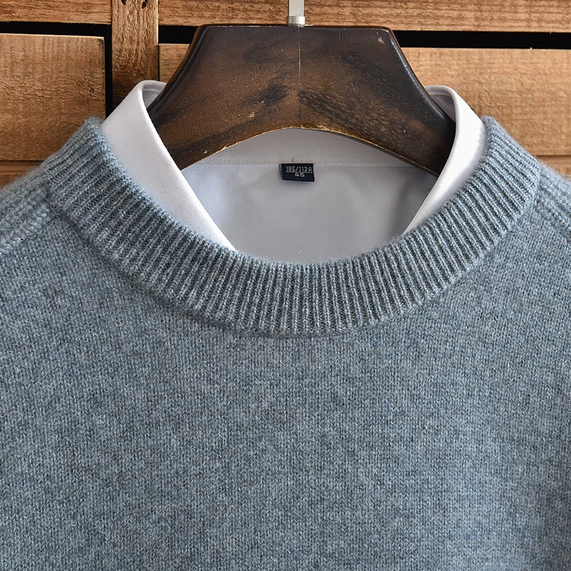 2024 New Men\'s Round Neck 100% Pure Cashmere Sweater Solid Color Thickened Warm Knitted Loose Casual Base Middle aged Dad Dress