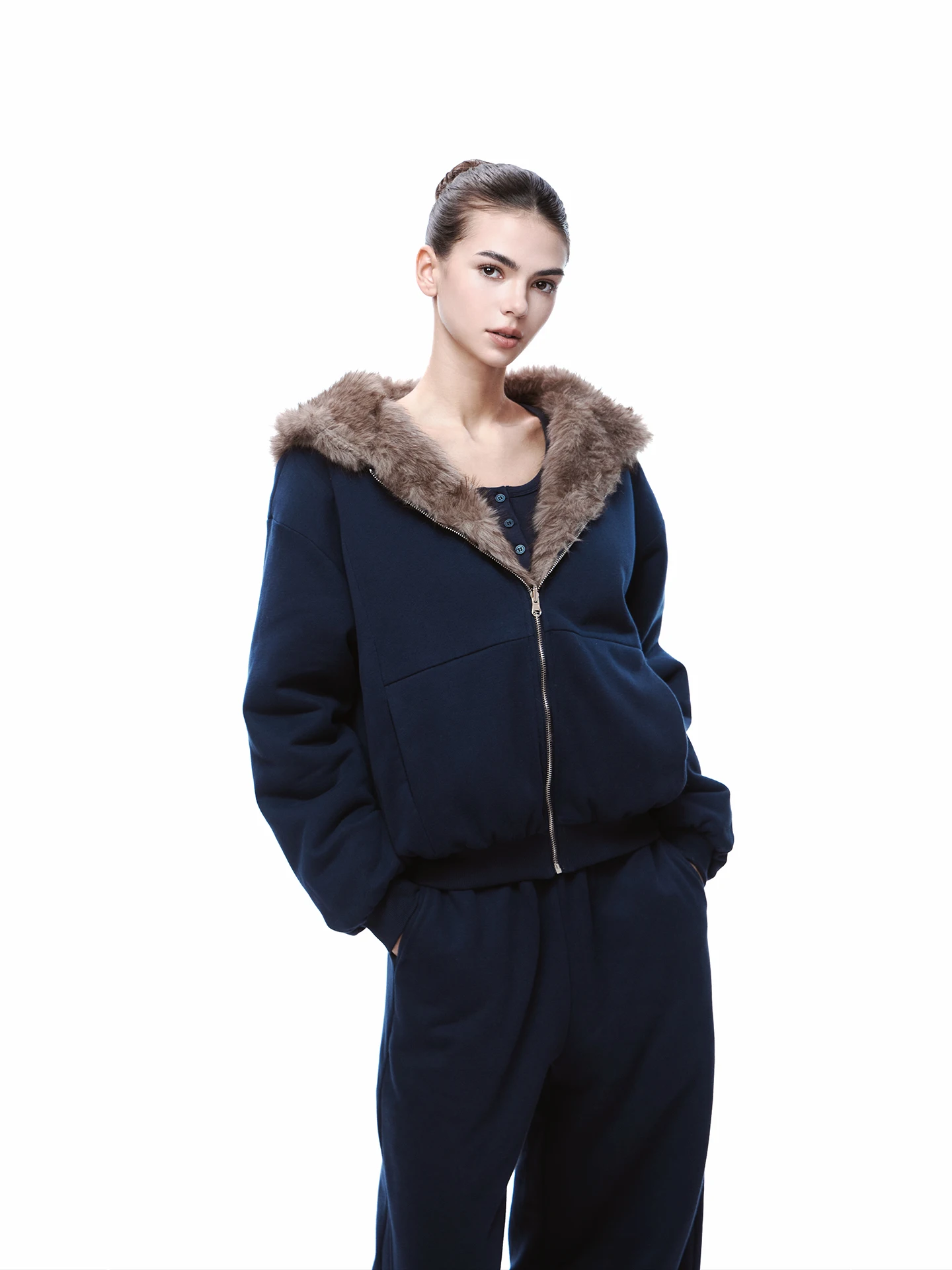 

JLAUNT Американская ретро-толстовка-куртка для женщин, весна-осень, свободный крой, теплая, двусторонняя, с мехом, из смесового хлопка и полиэстера