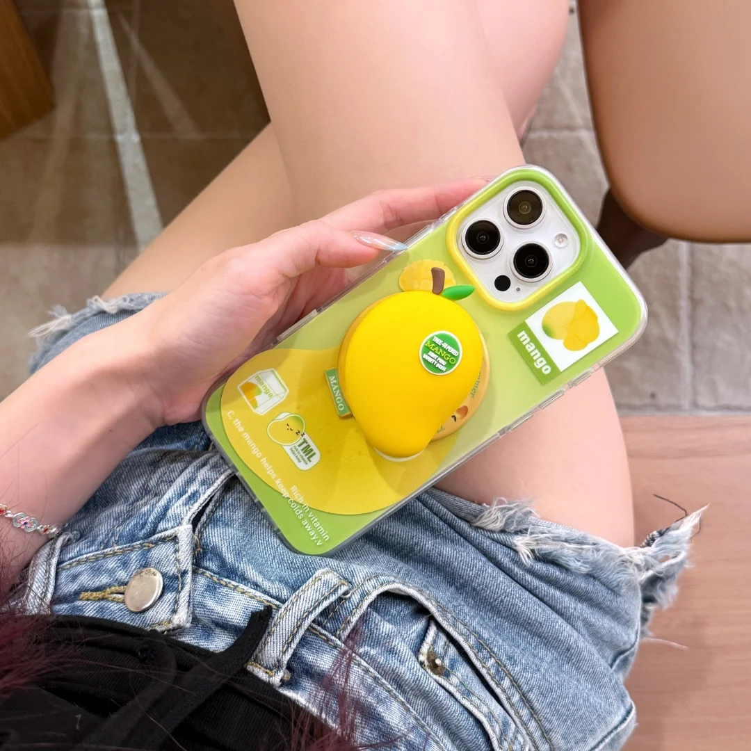 

3D Cute fruit mini mango Magnetic Grip Tok Phone Case for IPhone 16 15 14 13 Pro Max green Magsafe Stand Holder Cover﻿