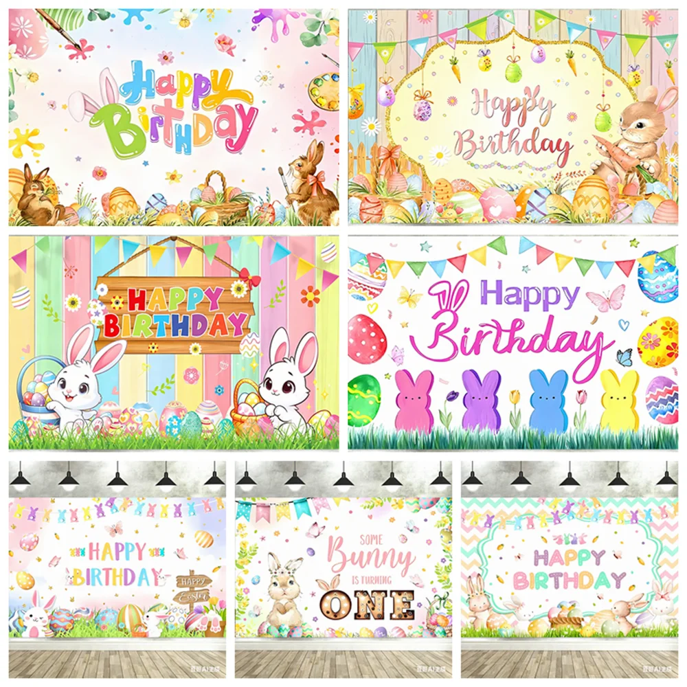 

Cartoon Bunny Happy Birthday Background Boy Girl Easter Rabbit Spring Egg Floral Photo Backdrop Party Decoration Banner Props