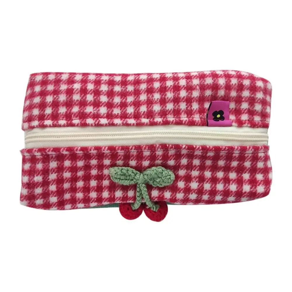 

INS Printed Cherry Makeup Bag Purse Checkered Cosmetic Bag Multifunctional Woolen Skincare Storage Bag Women