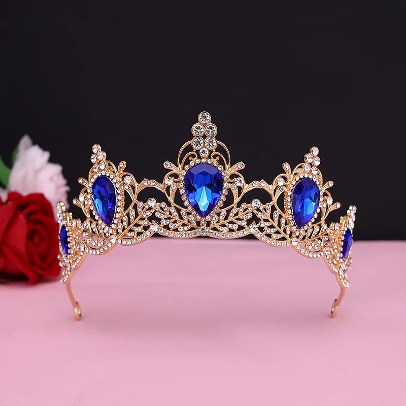 European and American Colored Rhinestone Bridal Crown Retro Style Gold Wedding Dress with Alloy Crown Headpiece Design