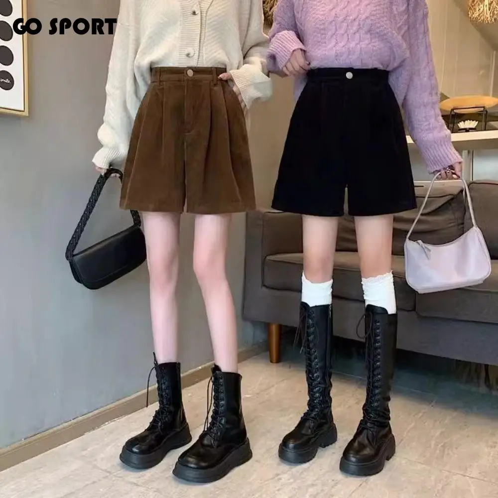 

Ins женские вельветовые шорты с высокой талией в полоску, широкие короткие брюки с двумя карманами, эластичные свободные уличные женские брюки большого размера