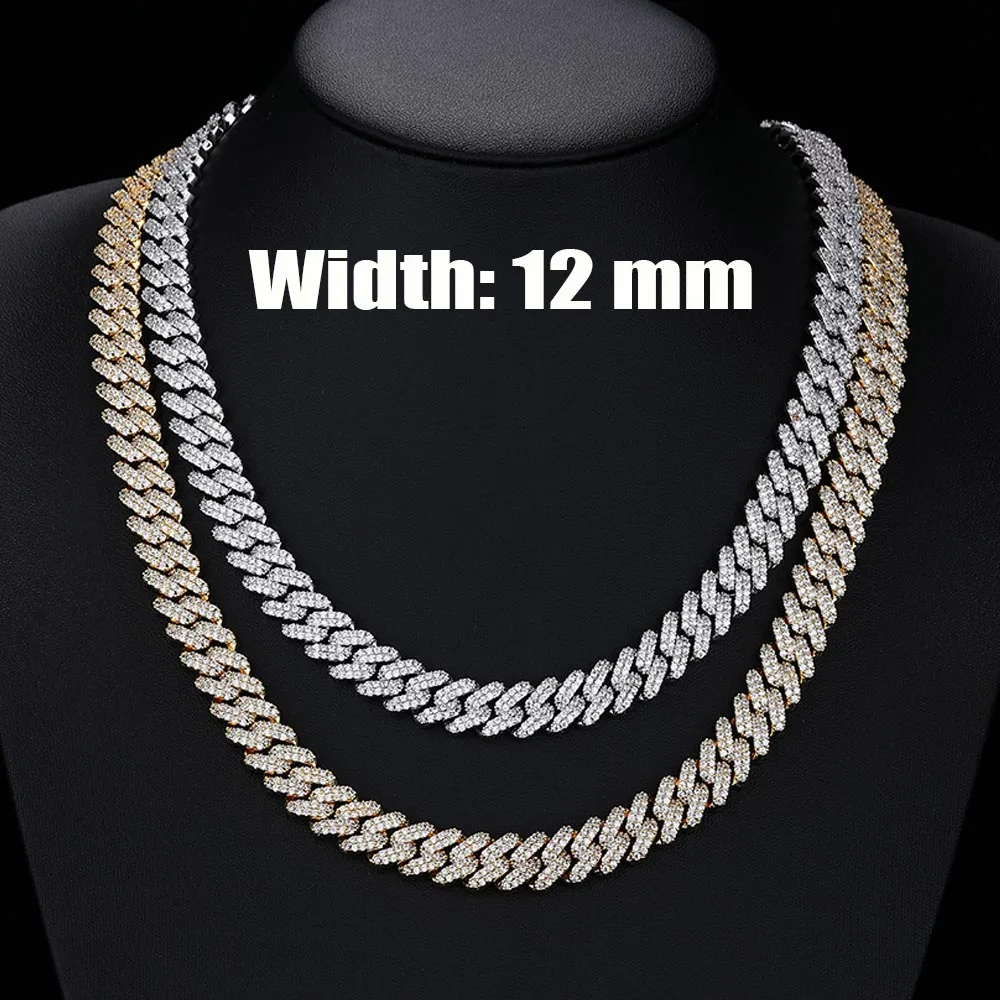 12mm Hip-hop Necklace Miami Cuban Link Chain Rhombus Iced Out Diamond CZ Bling Rapper Fine Jewelry Gifts for Men Boy Friends