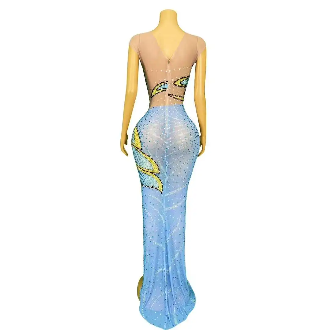 Fancy Blue strass Flower Birthday Celebrate Dress Women Evening Prom Gowns Outfit Collection Stretch Costume Fengdie