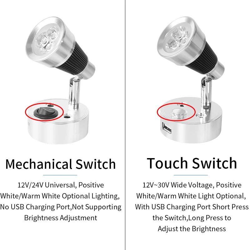 ضوء 12 فولت صمام ثنائي باعث للضوء القراءة RV عكس الضوء القراءة الخفيفة مع شاحن USB للإضاءة الداخلية مقطورة معدات التخييم البحرية