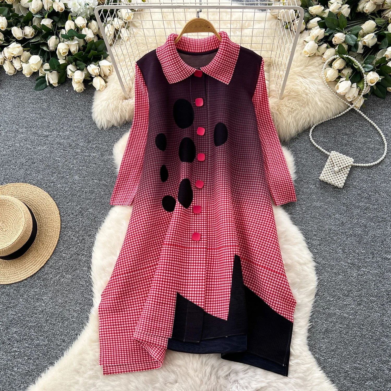 Chic Casual loose print patchwork Single Breasted Plaid Polo-Neck Dresses Korean Fashion Vestidos Women Summer women clothing