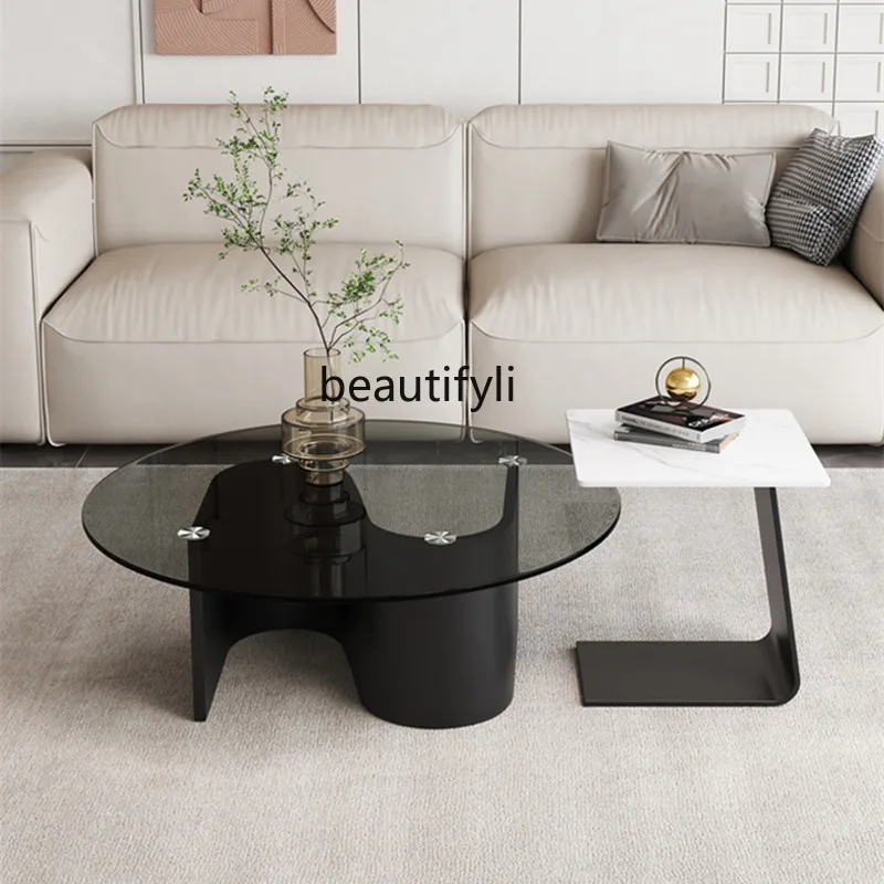 yj Stone Plate Coffee Table Modern Light Luxury Tempered Glass Size round Tea Table Side Table Combination