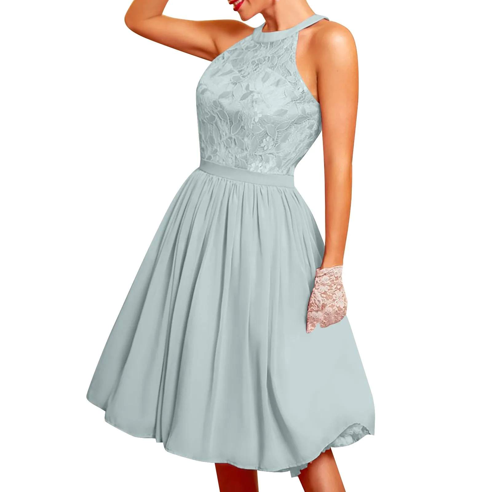 Ärmellose Formale Partei Kleid Frauen Sommer Halter Neck Damen Hochzeit Brautjungfer Elegante Spitze Knie Länge Plissee Schaukel Kleider