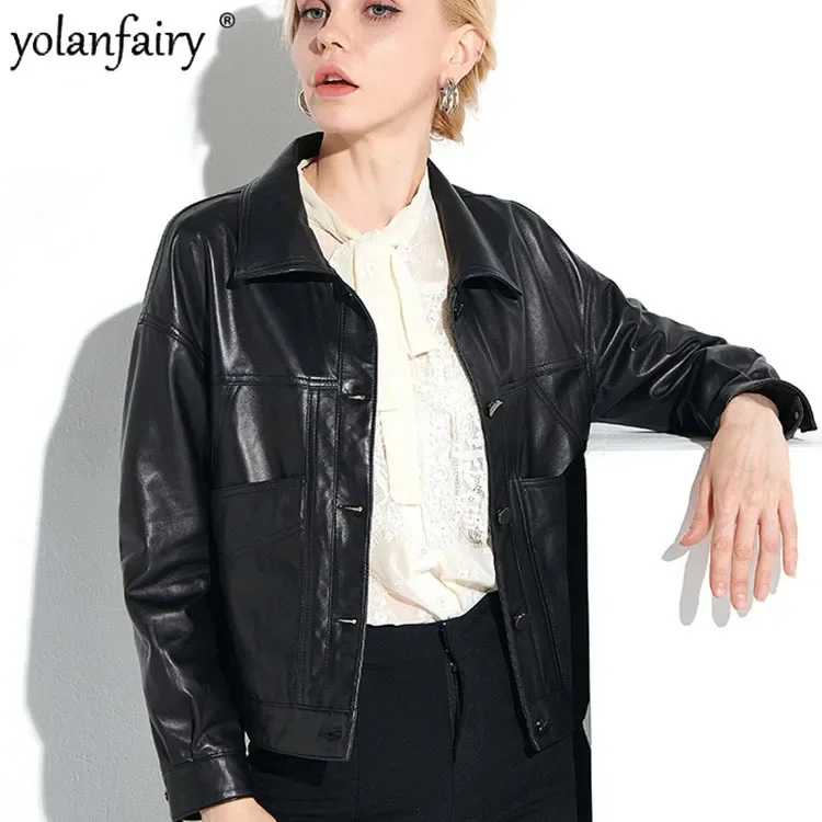 YOLANFAIRY سترات من جلد الغنم النقي للنساء الكورية ربيع الخريف سترة قصيرة الإناث الملابس الجلدية الطبيعية الأحمر فضفاض FC #5