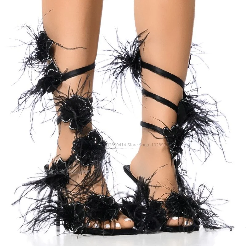 

Black Feather Appliques Decor Twine Sandals Lace Up Open Toe Women Shoes Thin High Heels Fashion Sexy 2023 Zapatos Para Mujere