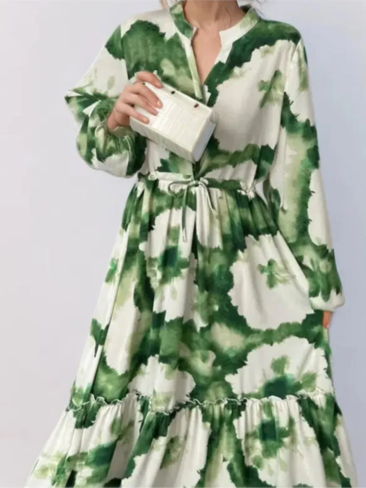 

Autumn Elegant Women Maxi Dresses Fashion Print Long Sleeve V Neck Waist Adjustment Long Dress Commuting Female Party Vestido
