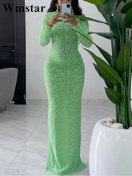 Wmstar Women Dress Autumn Elegant Fashion Solid Color Long Sleeve Pullover Round Neck Floor Length Slim Boydcon Party Dresses