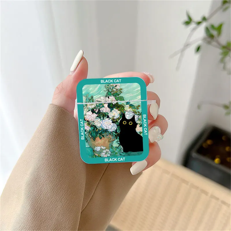 Retro Oil Painting Van-Gogh Black Cat Earphone Case for Airpods 4th 3rd 2 Pro 3 Covers for Airpod 2 3 1 Protective Shell Fundas