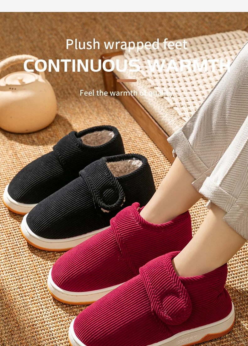 Winter-Warmhausschuhe für Senioren, Damen und Herren, mit verstellbarem Riemen, Cord-Baumwollschuhe, weiches Plüschfleece-Futter, rutschfeste Hausschuhe. – Detail 1