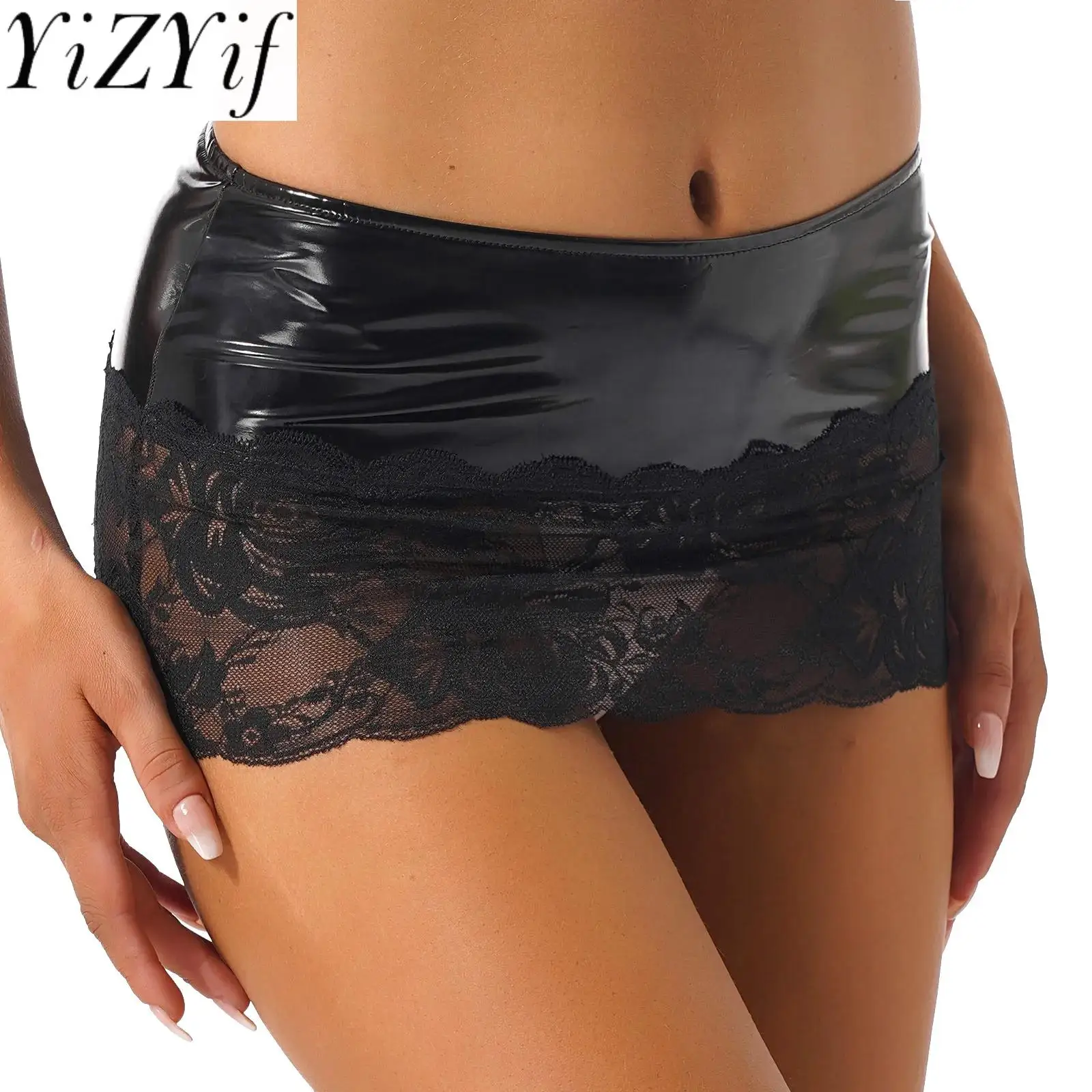 

Sexy Womens Mini Skirts See-through Lace Patchwork Patent Leather Miniskirt Low Waist Elastic Waistband Skirt Rave Clubwear