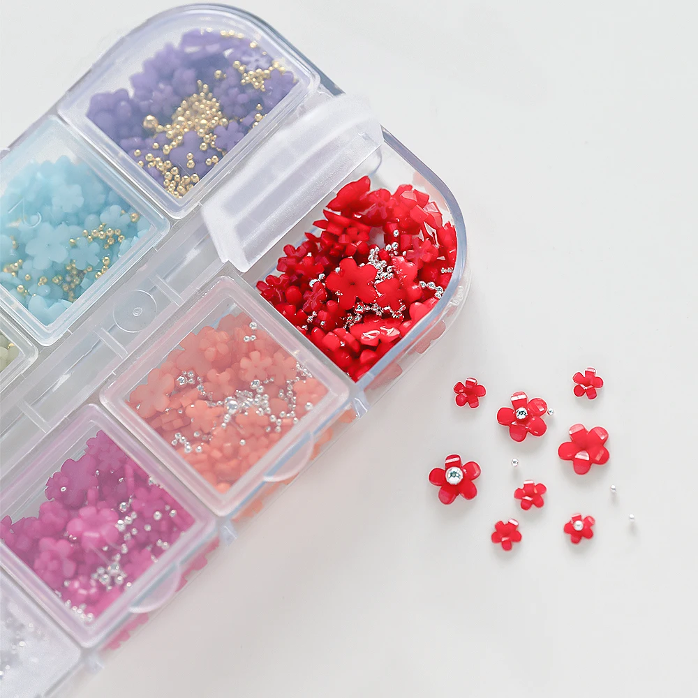 12Grids Acrylic Flower Nail Charms 12 Colors Set 3D Flower Nail Art Rhinestones Mixed Blossom Spring Gems DIY Nail Supplies