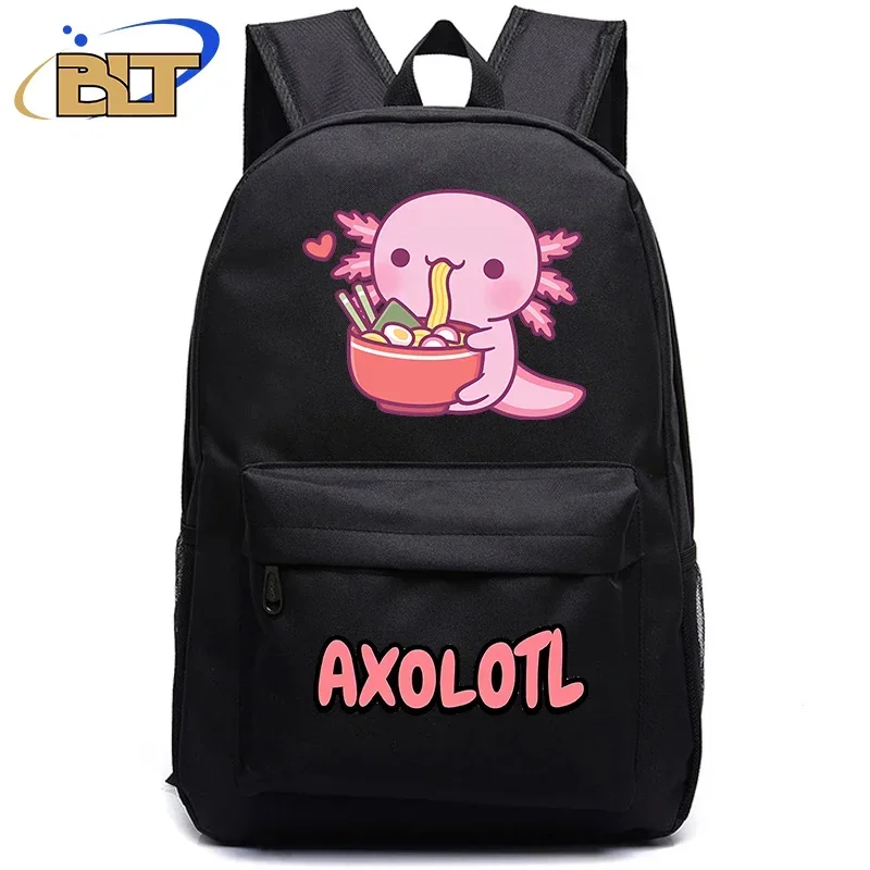 

Cute axolotl printed student backpack black backpack kids bag