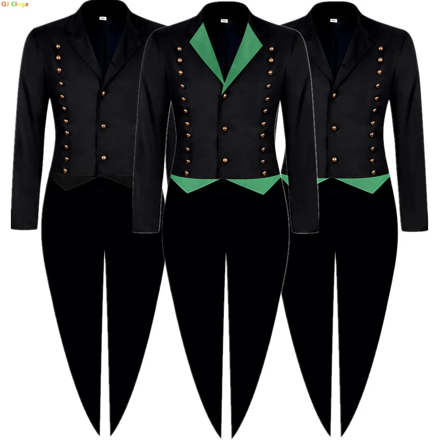 2026 New Arrival Men's Black Tuxedo, Triple-Breasted Green Patchwork Long Jacket, Vintage-Style Outerwear.
