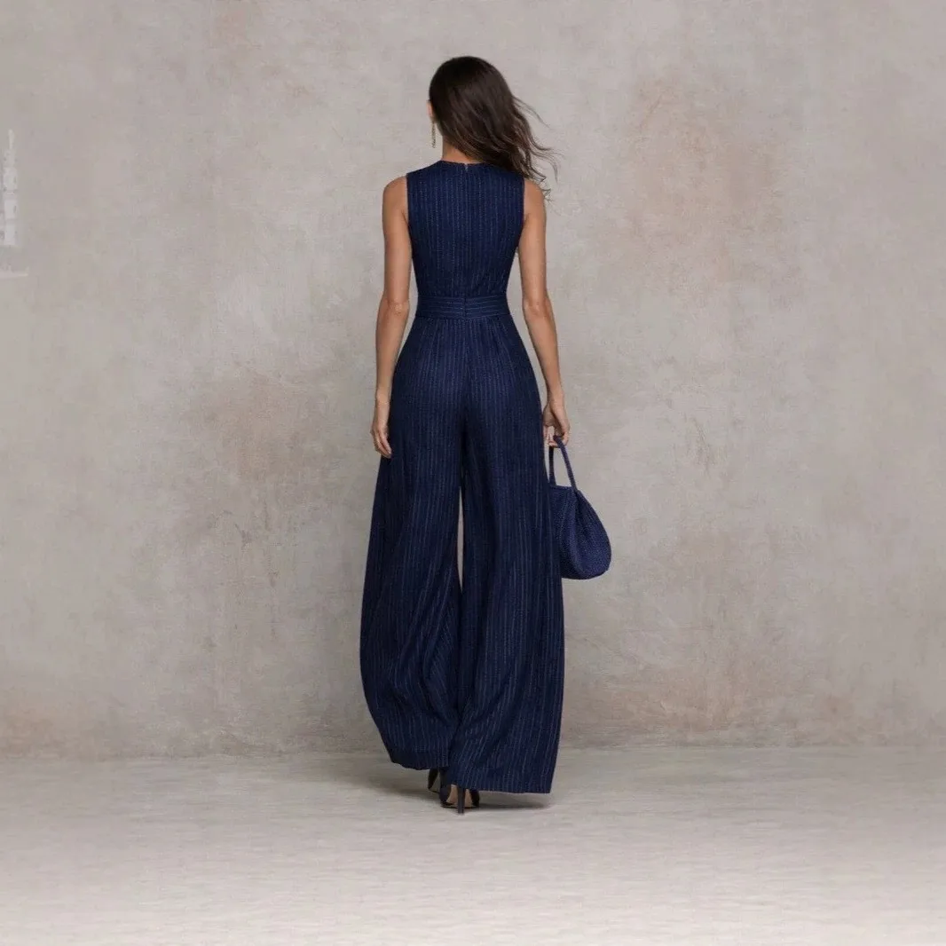 For Woman High Quality Sleeveless High Neck Romper Boho Style Striped Pattern Maxi Length Navy Blue Wide Leg Jumpsuit Flowing