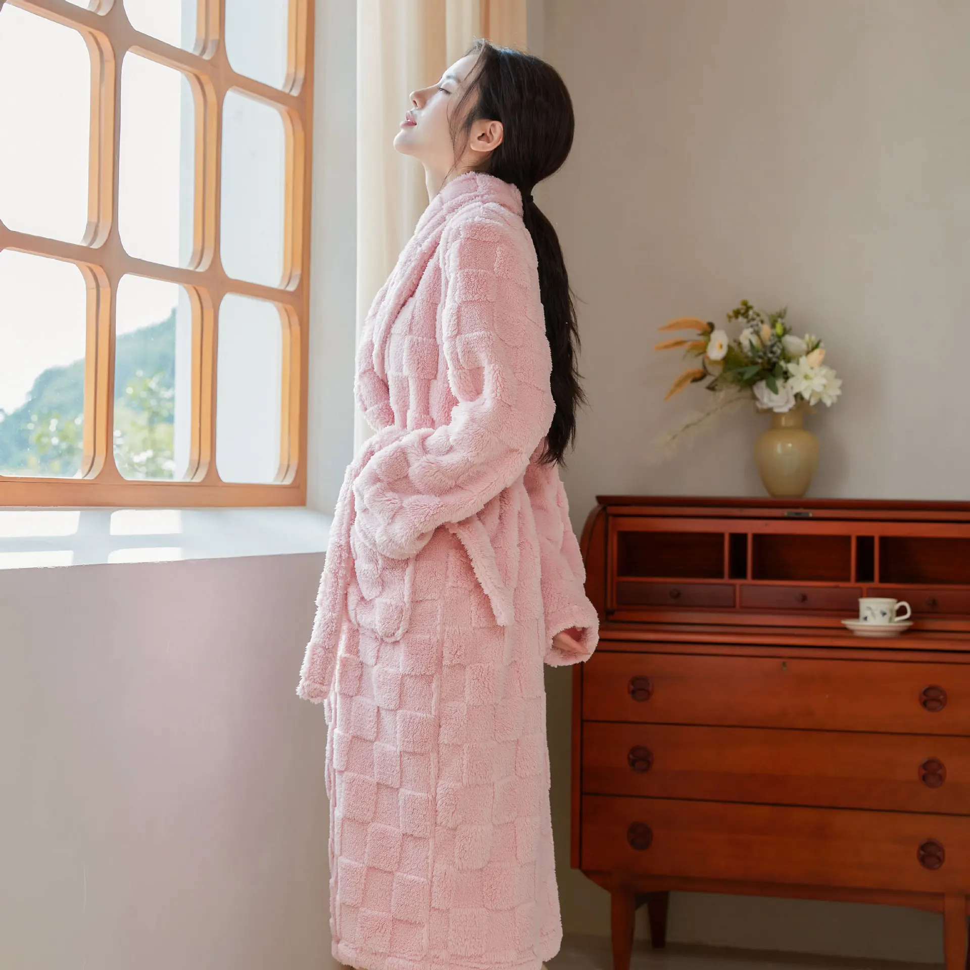 Women's Autumn Winter New Long-sleeved Loungewear Warm Thick Checkered Jacquard Fleece Long Dressing Gown Set Cardigan Bathrobe