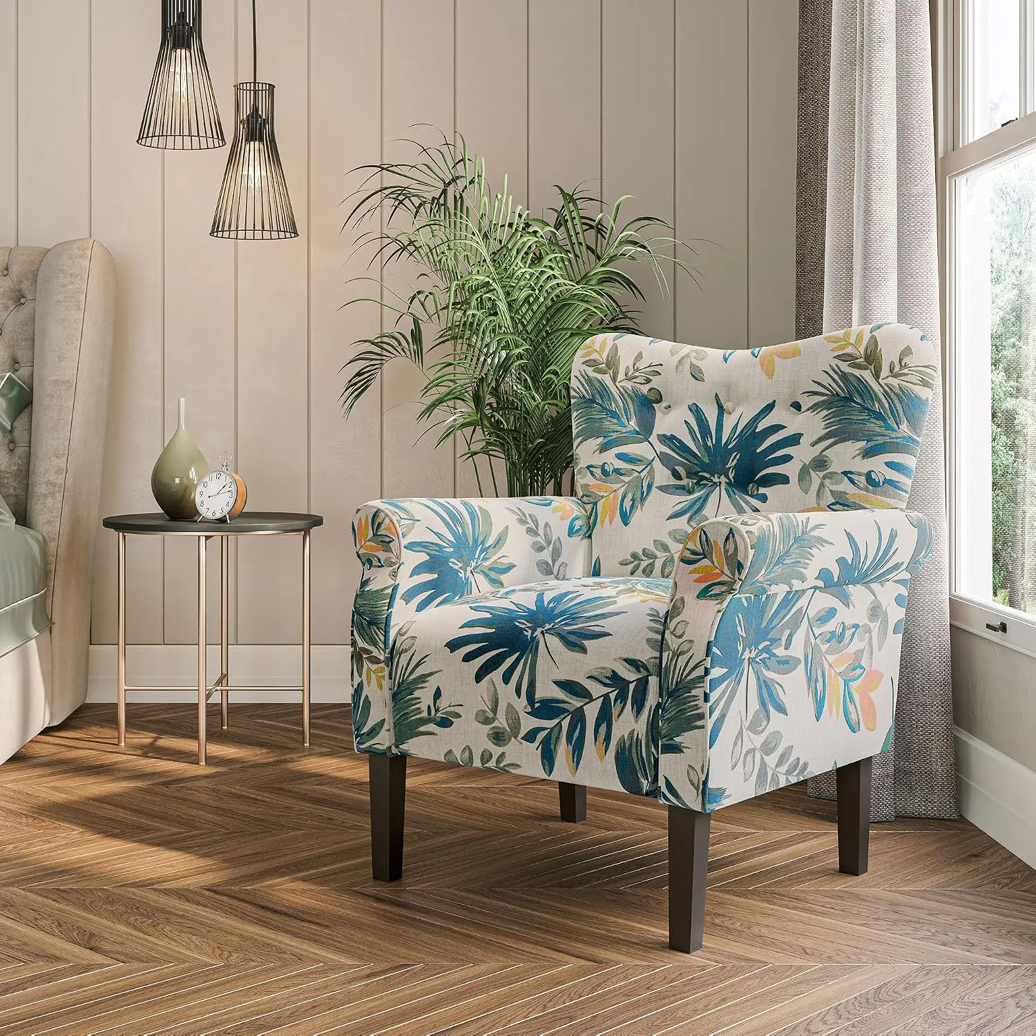 Wingback Accent Armchair, Upholstered High Back Padded Chair with Wood Legs for Living Room Bedroom, Floral Pattern, Customized